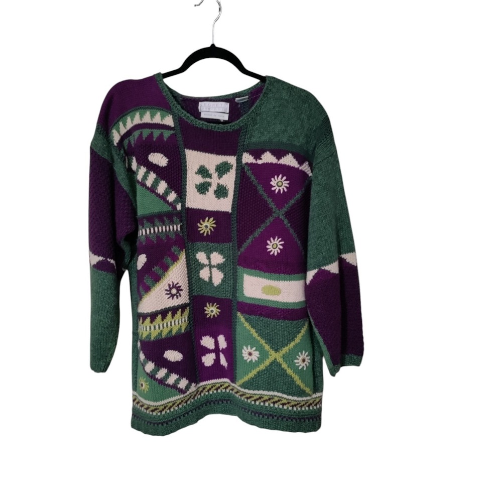 Segrets Sun Prints Vintage Hand Knit Patchwork Floral Sweater‎ Green Purple SZ M